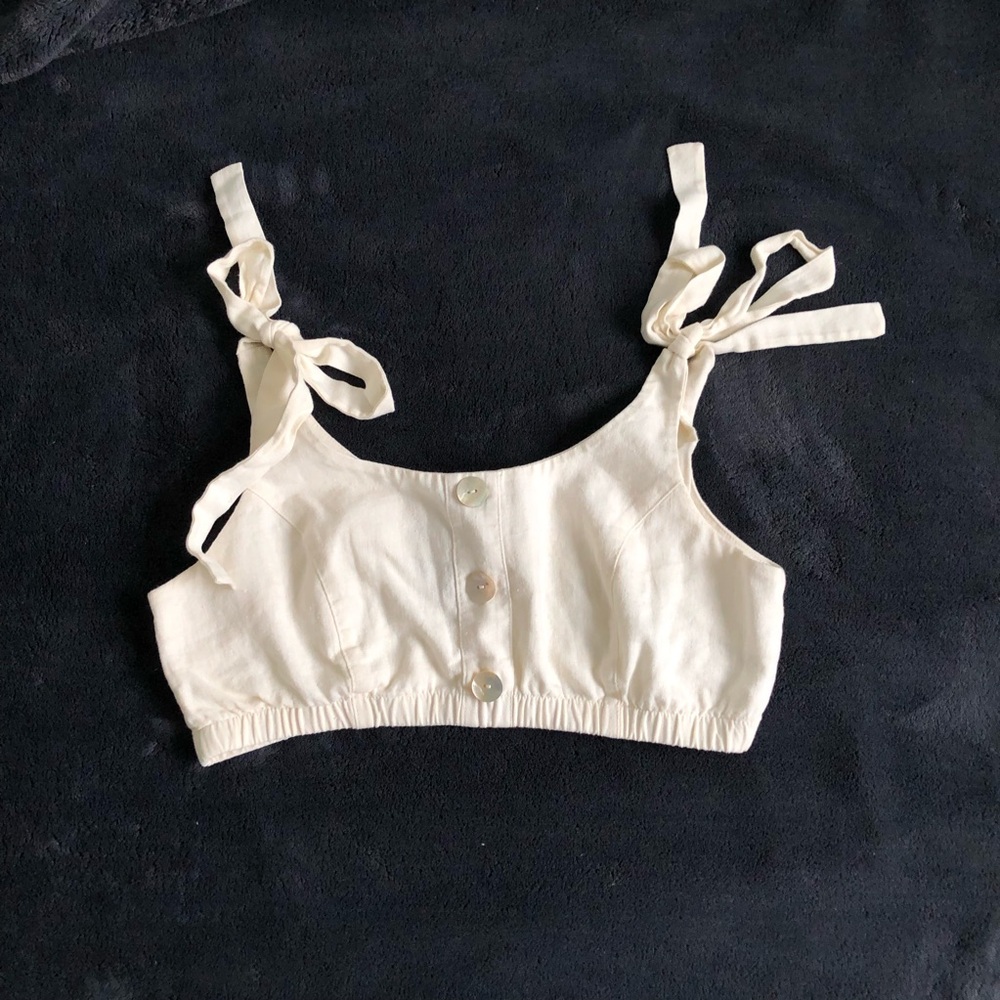 Linen Tie-Shoulder Cream Crop Top